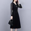 Dream 0121 Plus Size Women's V-Neck Lace Patchwork Dress with Long Sleeves - Slimming, Flattering Black Skirt