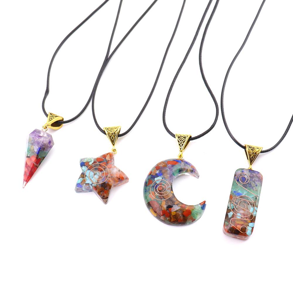 Seven-Color Gravel Necklace with Resin Encapsulated Natural Stone Pendant - Style N756