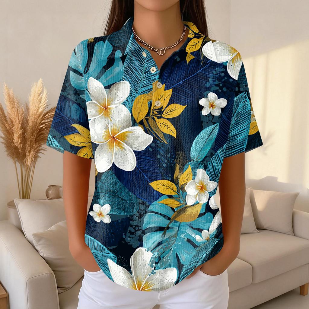Women Casual Short Sleeve Hawaiian Print Waffle Knit Polo Shirt Lightweight Breathable Summer Top Relaxed Fit