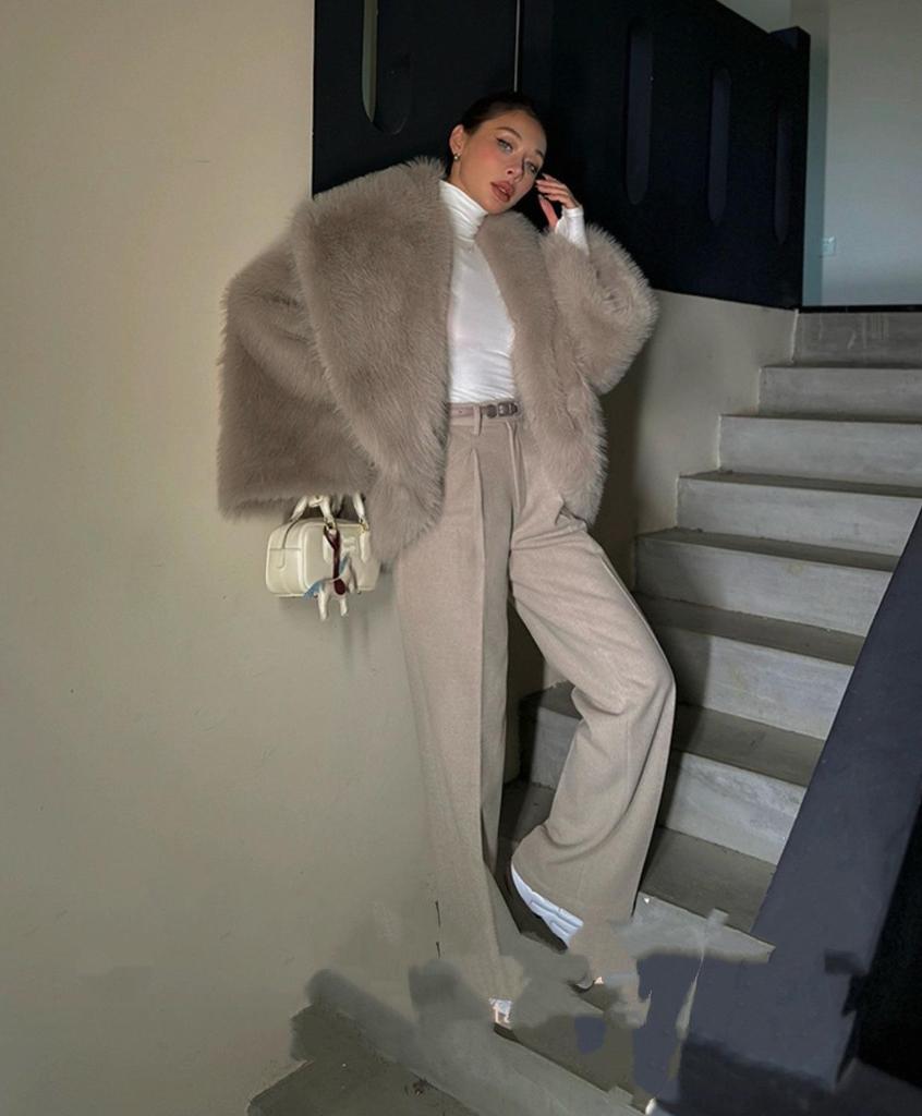 Women's Eco-Friendly Faux Fox Fur Lapel Coat - Short, Loose Fit for Winter 2025.