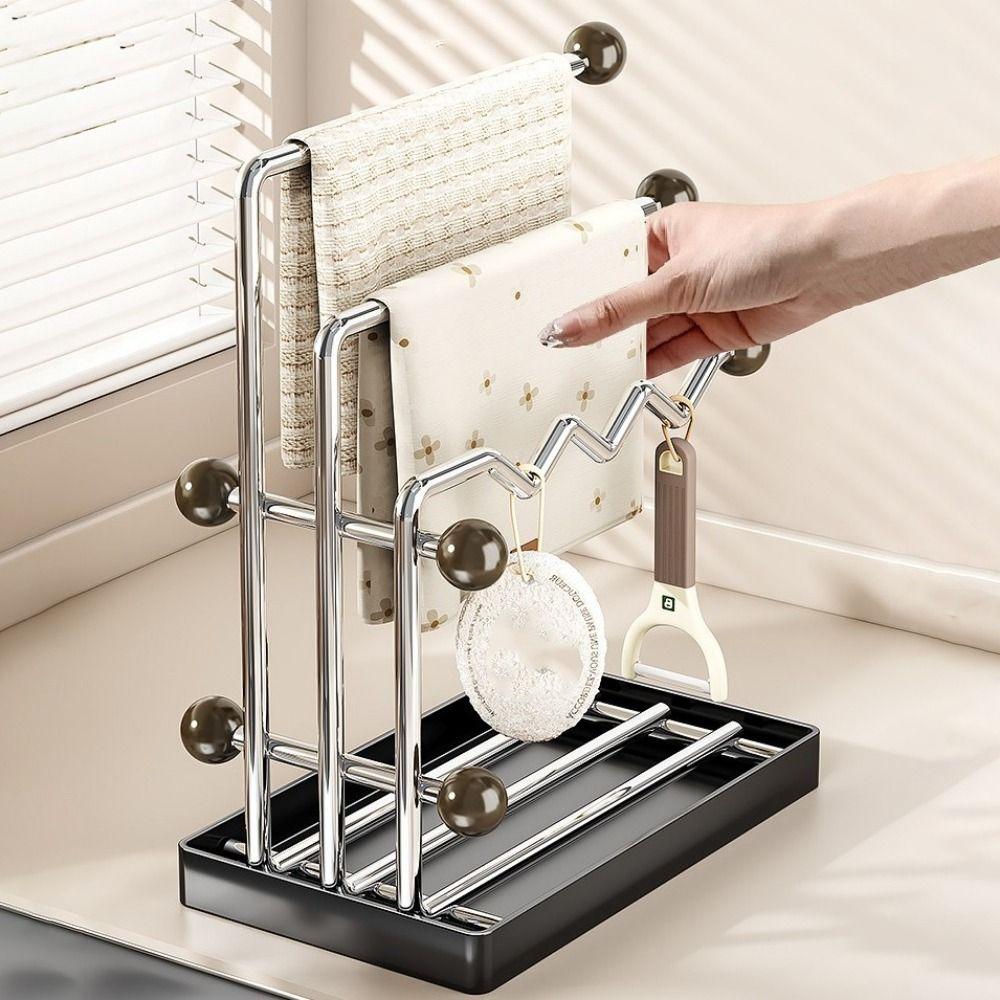 Stainless Steel Kitchen Rag Drying Rack Anti-rust Multi-functional Towel Holder with Drainage Tray Headband Rack Desktop Display