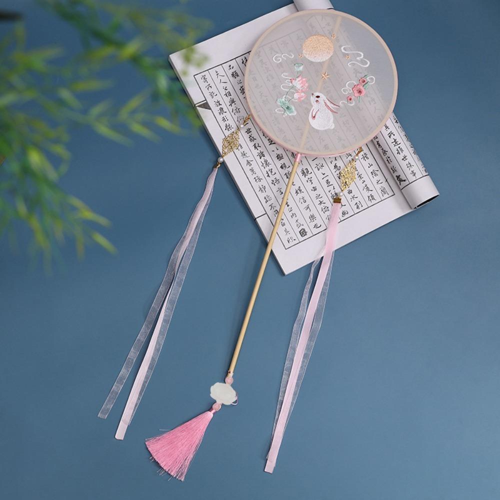 Embroidered Chinese Style Round Fan Classical Hanfu Hand Fan Long Handle Silk Fan  Female Costume