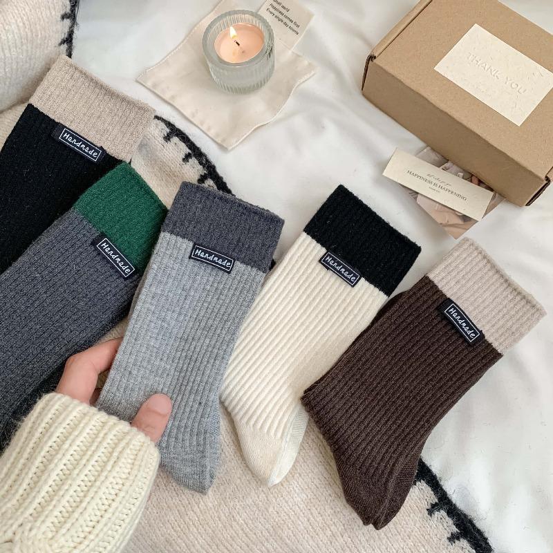 Wool Socks with Children's Multi-color Letter Fabric Labels, Mid-calf Socks, Vertical Stripes, Chunky Socks