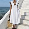 Langes, locker geschnittenes Damenkleid im Boho-Stil mit V-Ausschnitt, Taschen und V-Ausschnitt – perfekt für Urlaub und Strand