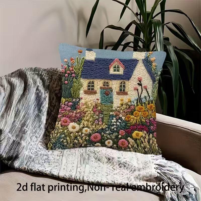 Retro color printing pillowcase: 2D flat printing, non-real embroidery, night sofa, night sofa cushion