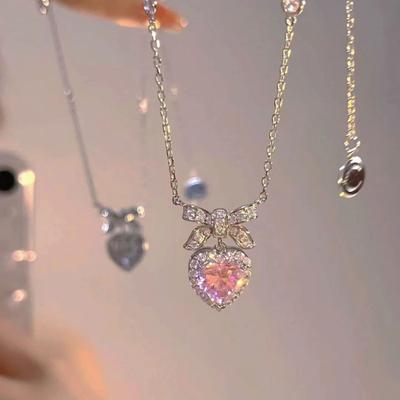 Yousheng Women Necklace Sparkling Rhinestones Heart Bow Design Pendant Necklace Valentine Day Anniversary Jewelry Gift
