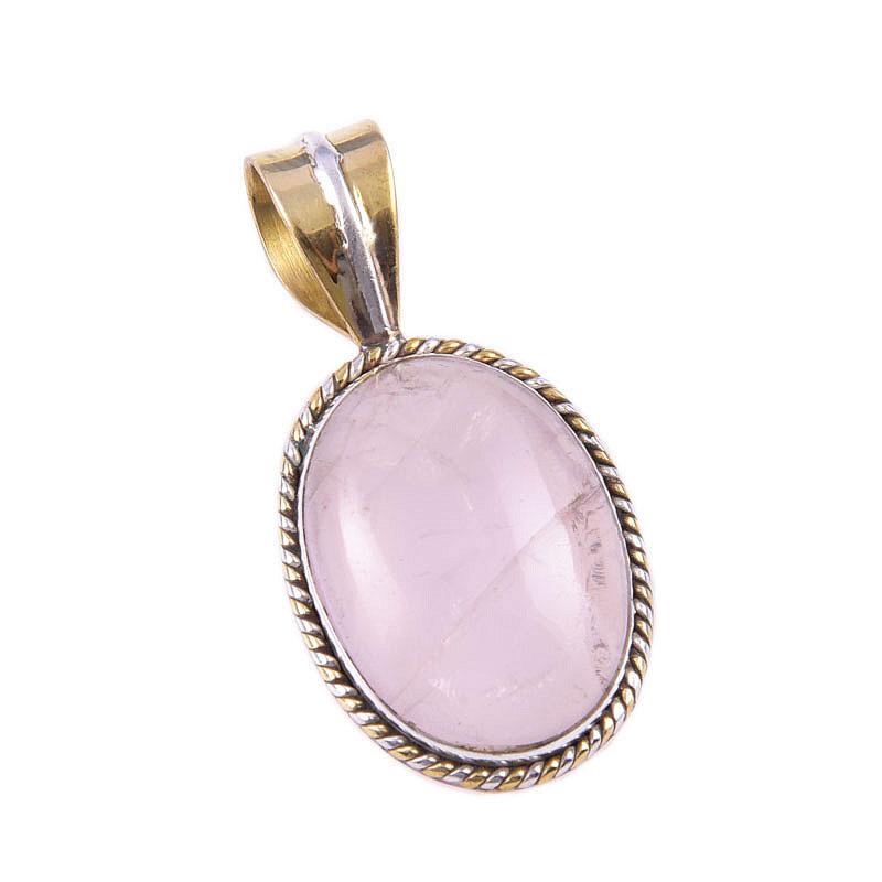 Natural Rose Quartz 925 Solid Sterling Silver Jewelry TwoTone Pendant 1.25" N2E29