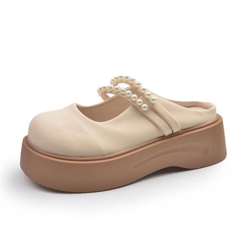 Pärlfranska Mary Jane-skor med tjocksula och en rem, halvtofflor för kvinnor för vår och sommar, ytterkläder 2025 nya coola tofflor