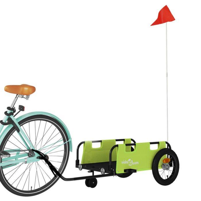VidaXL Remorque de Vélo, Chariot de Transport avec Barre d'Attelage, Remorque de Bicyclette avec Drapeau pour Bagage, Vert 94186