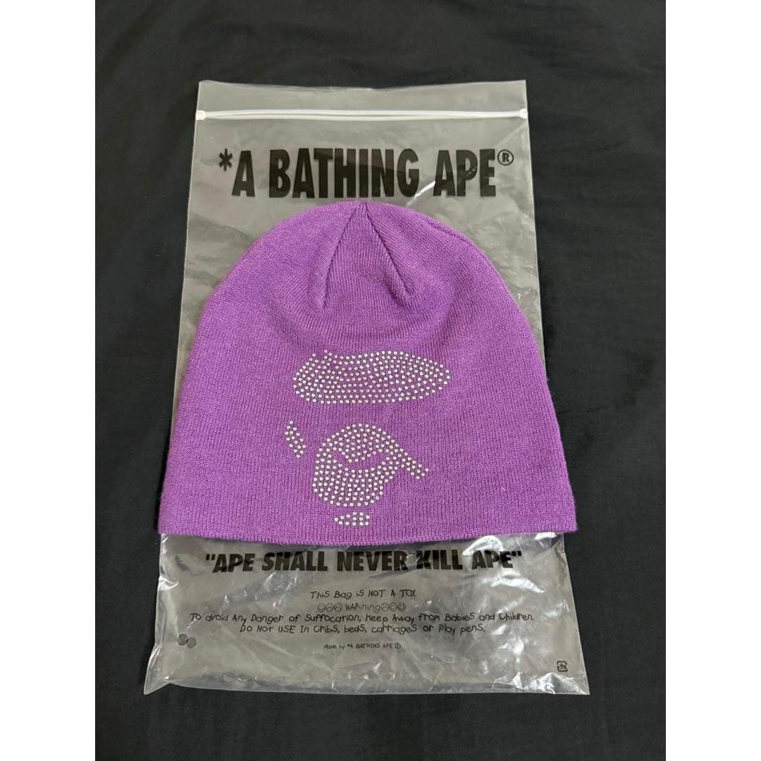 Used BAPE Crystal Stone APE Beanie Knit Purple New Unused