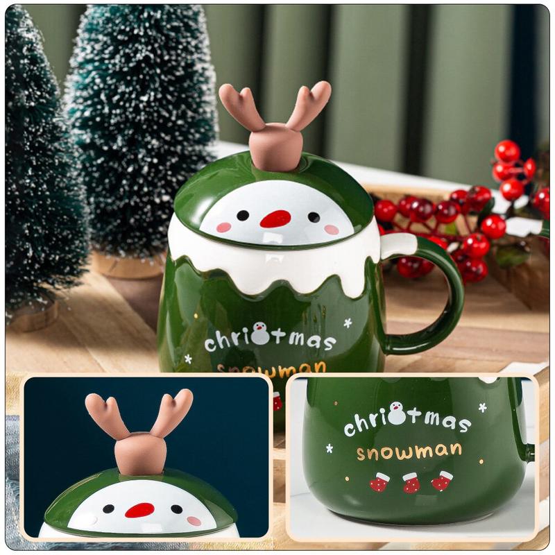 1 Christmas ceramic coffee cup with spoon and lid, colored coffee cup, portable drink, breakfast, drinks, party utensils