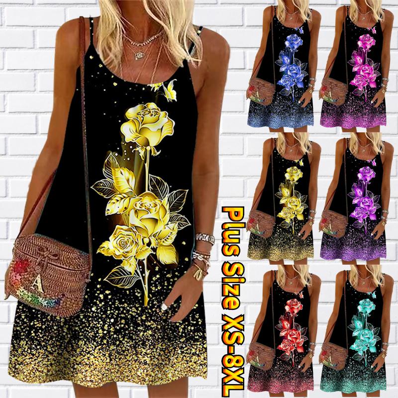 

Женское мини-платье с цветочным золотистым сверкающим розовым принтом, вечернее платье без рукавов, летнее пляжное платье, сарафан