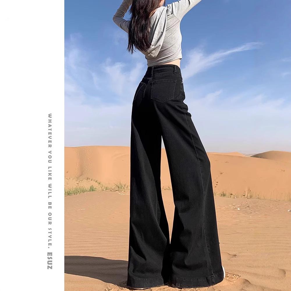 Women's High Waist Black Flared Jeans with Velvet, Wide-Leg, Floor-Length, Perfect for Spring and Autumn