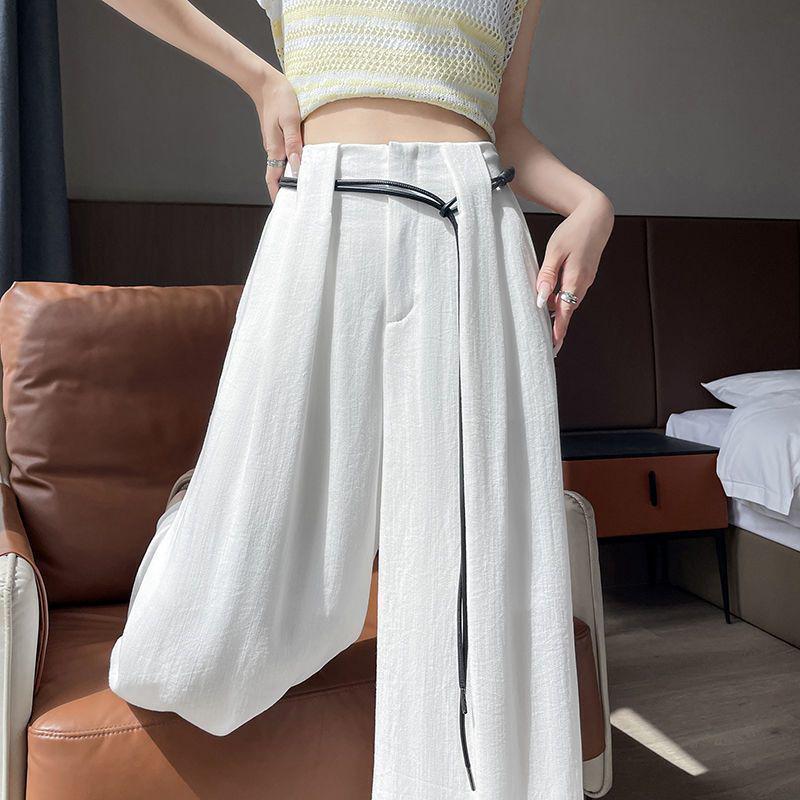 

2026 Spring/Summer Women s High-Waisted White Ice Silk Wide-Leg Pants - Floor-Length, Loose, Straight, Casual. S [80-95 lbs]