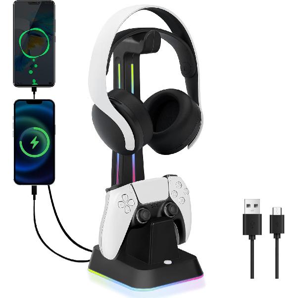 PS5 Controller Charger Station with RGB Headphone Stand, PS5 Controller Charging Station with 2 USB Port, Headset and Controller Stand Holder for