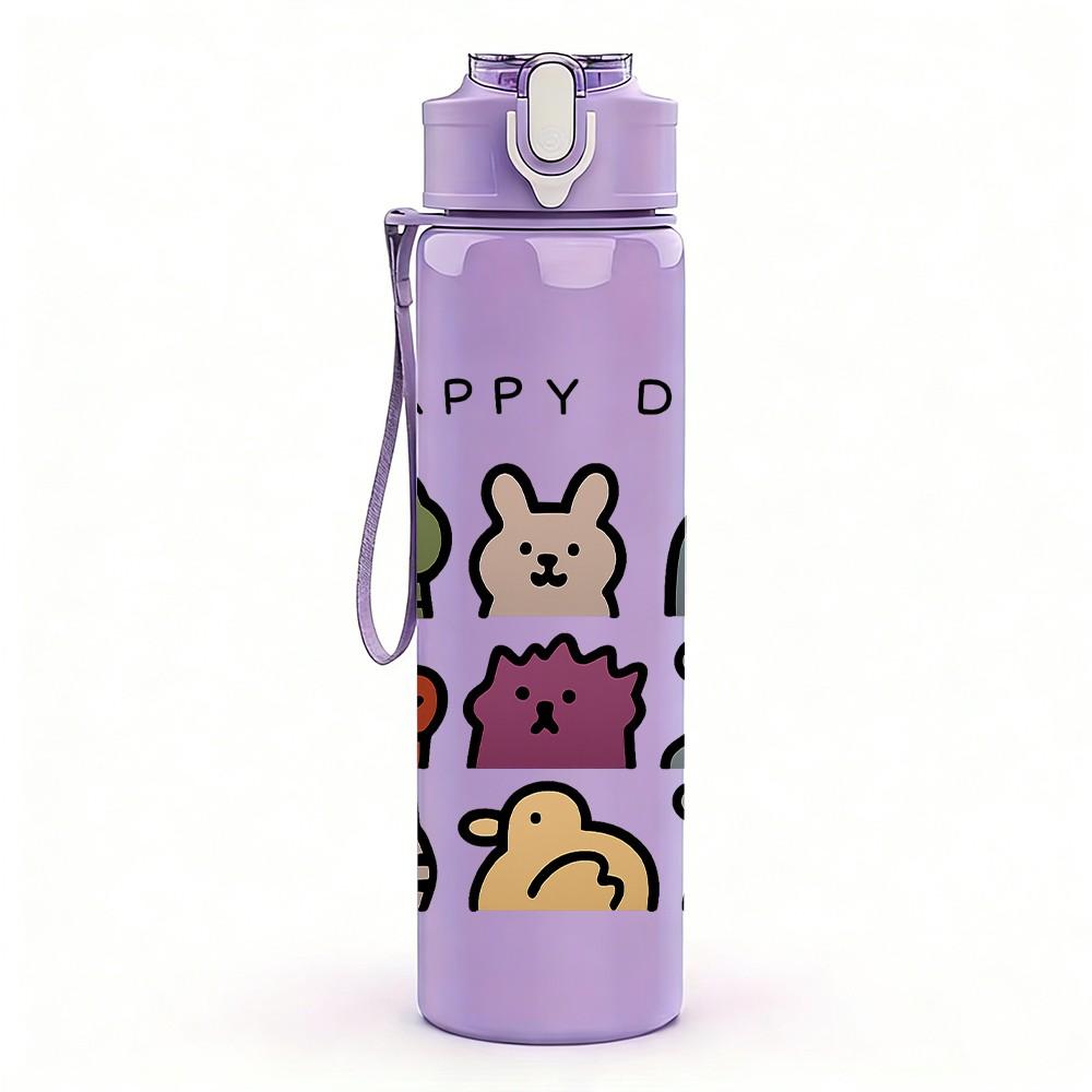 1PC Cute Animal Doodle Pattern 750ml Color Plastic Sports Water Bottle Leakproof Flip Straw Lid Suitable for Sports Office Home Use