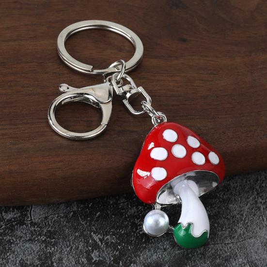 Zinc Alloy Keychain Pendant, Dripping Process Key Ring with Imitation Pearl Cartoon Mushroom Shape, Multiple Colors Bag Charm