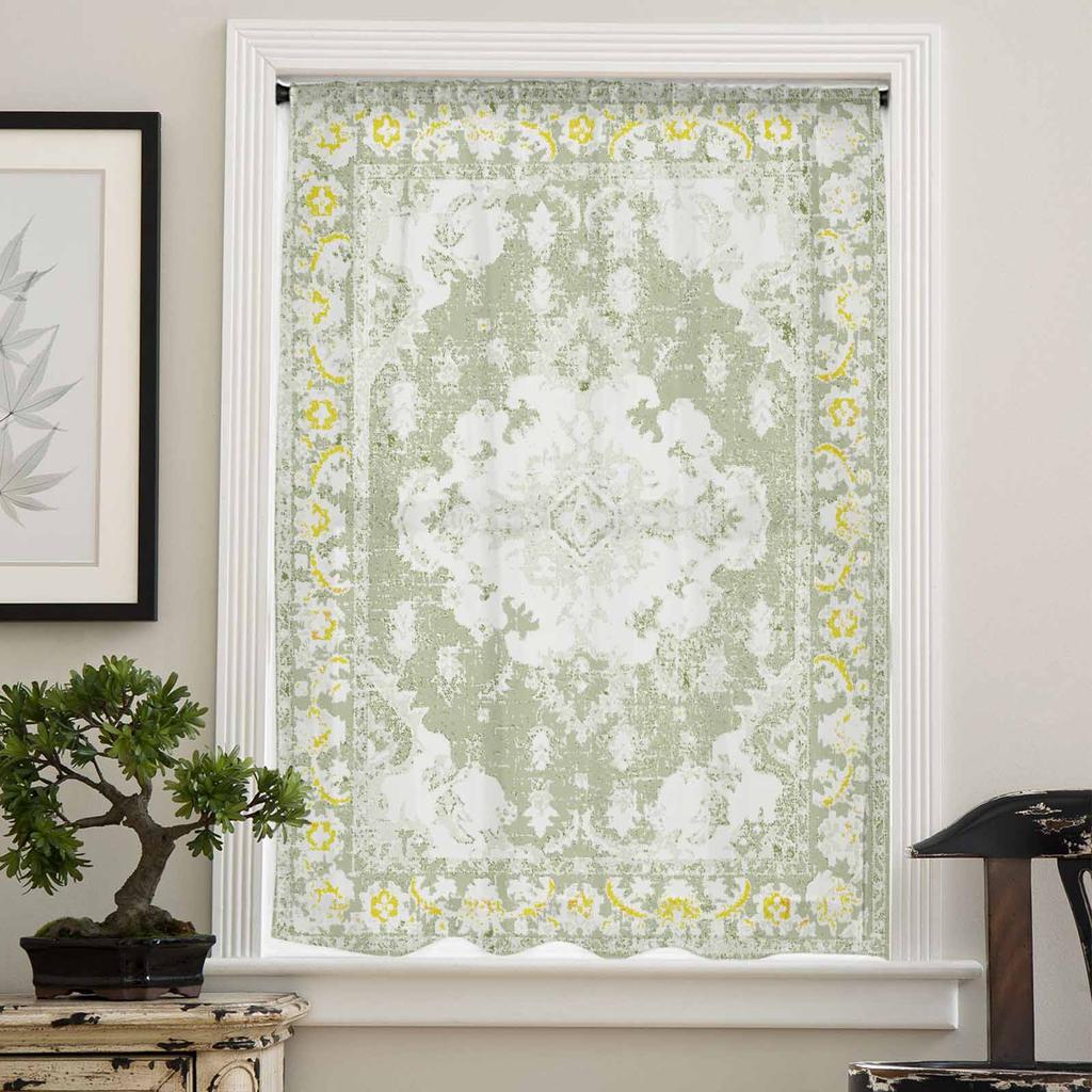 Geometric Ethnic Oriental Vintage Sage Green Sheer Curtains for Kids Bedroom Living Room Voile Window Curtains Tulle Drapes