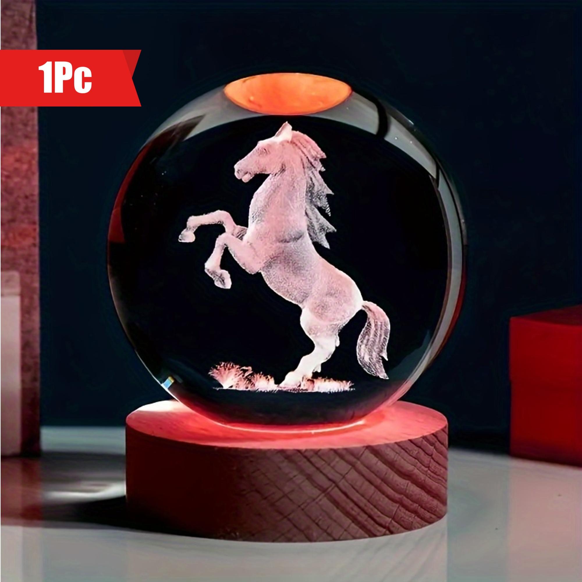 

1 PC 3D laser carved horse crystal, equipped with wooden colored lamp holder, home decoration, crystal glass ball night light horse