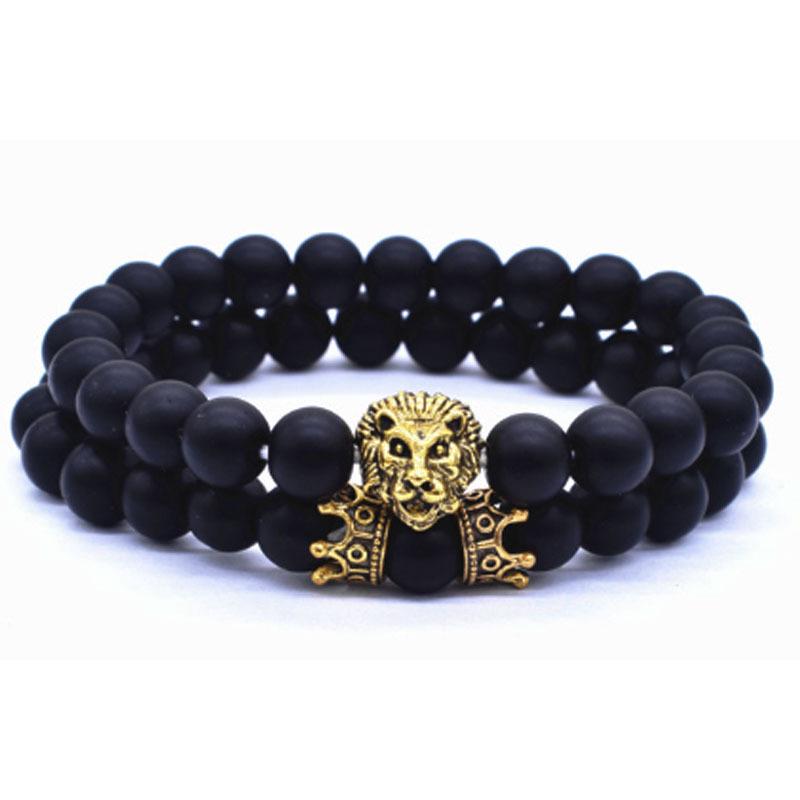 

Retro Lion Head & Crown Charm Lava Stone Bracelet