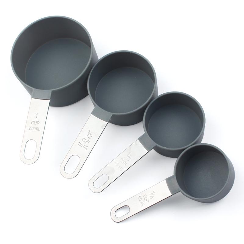 8-Piece Set: Stainless Steel Handle Plastic Measuring Cups & Spoons with Scale for Baking, Seasoning, and Coffee.