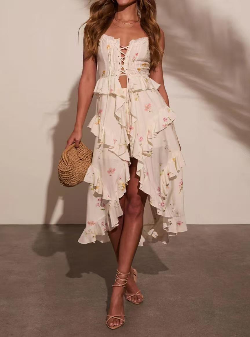 Europe, America and 2026 summer hot sale new sleeveless suspender printed ruffle edge dress S