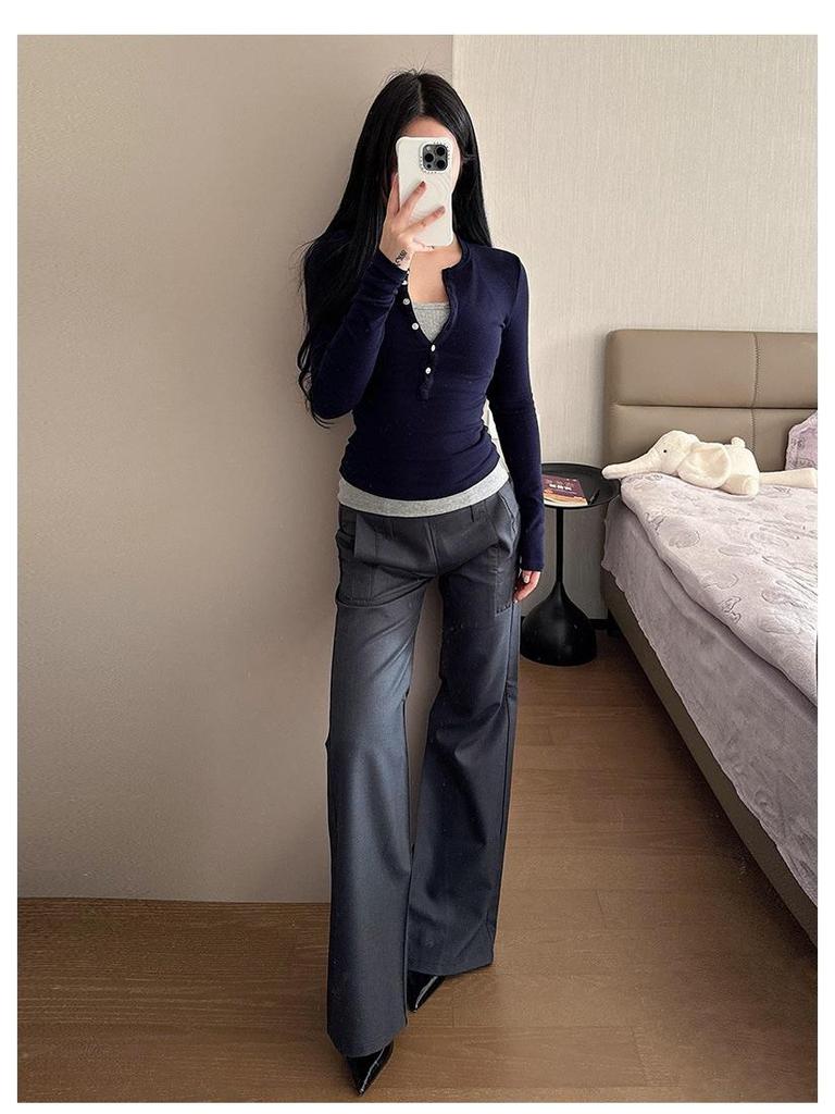 Women's Slim Fit Faux Cashmere Henley Top - Autumn/Winter Long Sleeve