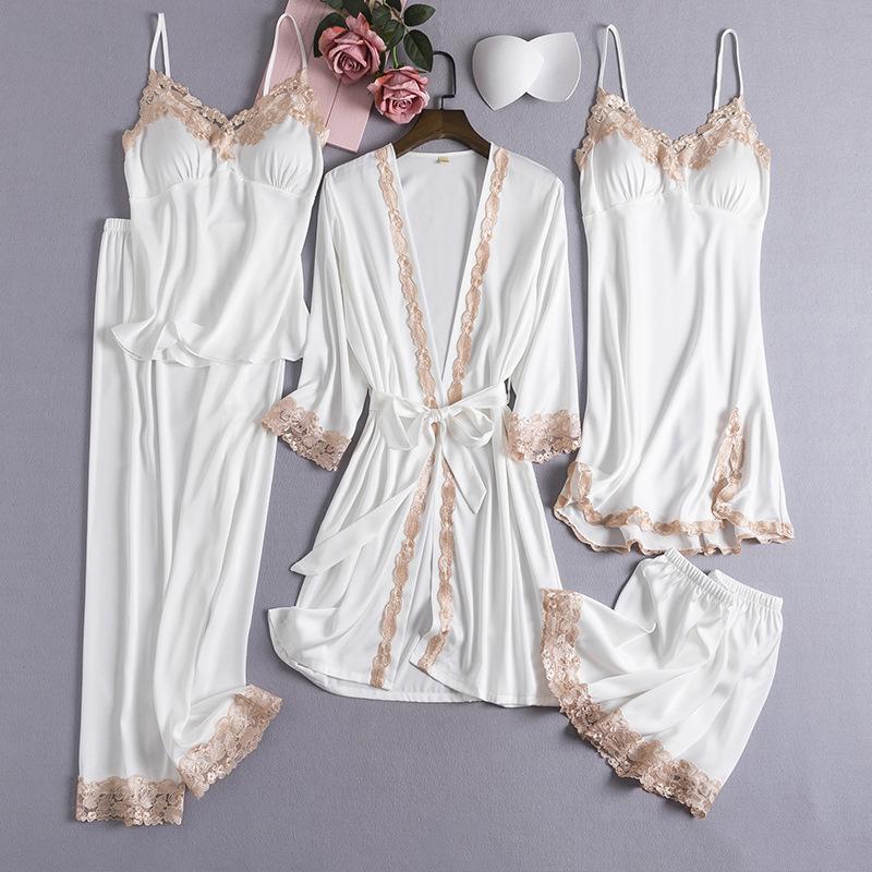 Ice Silk V-Neck Camisole & Pajama Set for Women - 5-Piece Spring & Autumn Collection