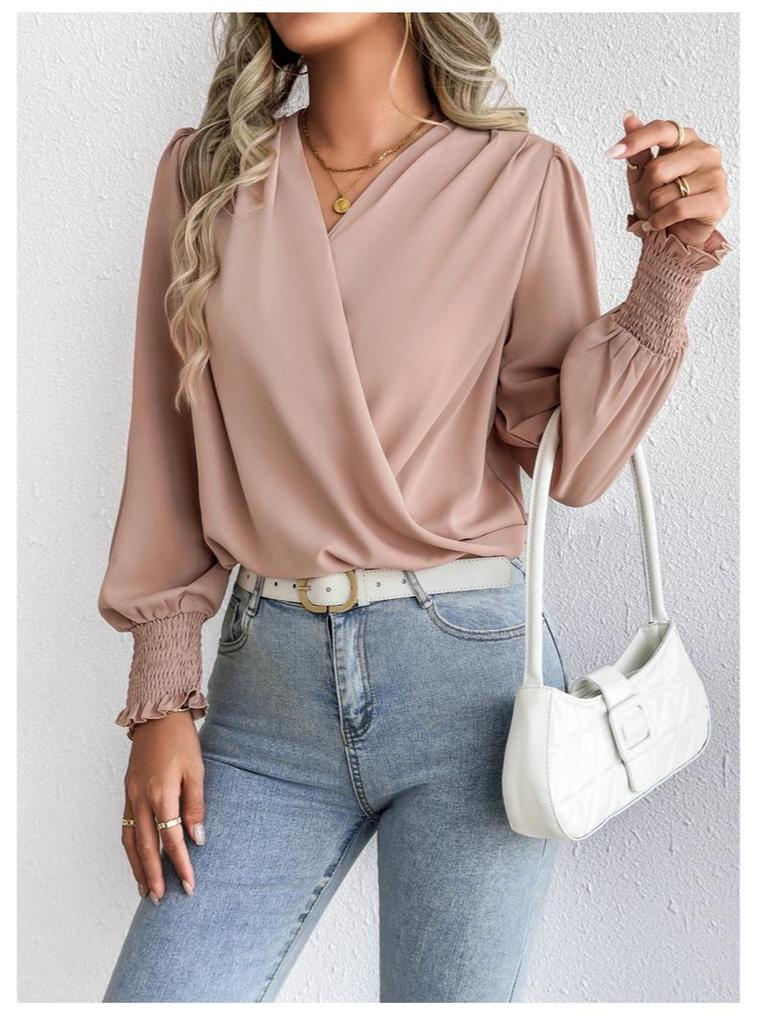 Women's Chiffon V-neck Lantern Sleeve Blouse - Solid Color Fashion Top