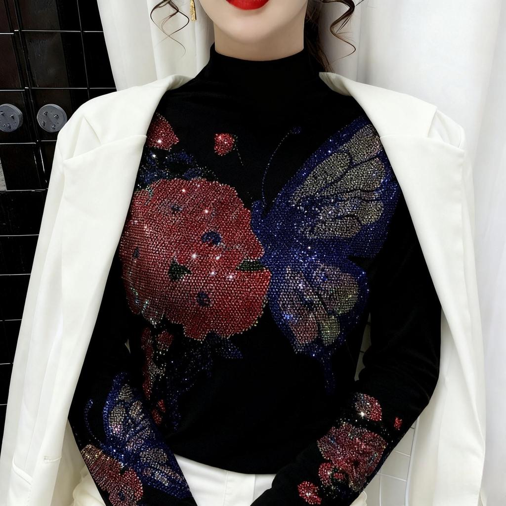 De Rong Women's Semi-High Neck Rhinestone Long-Sleeve Base Layer Top for Autumn/Winter
