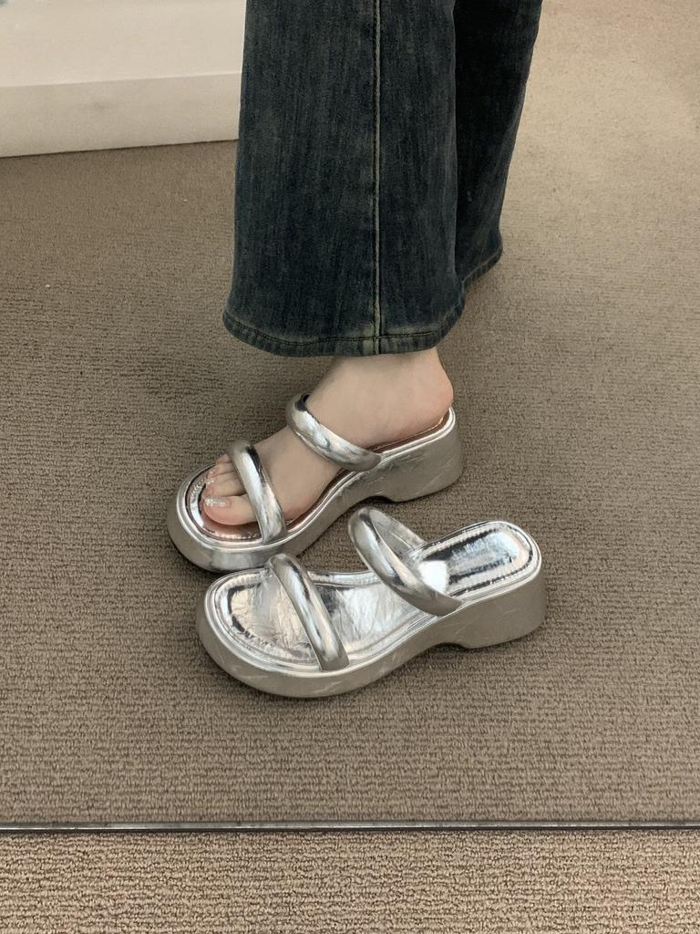 sponge cake thick-soled high-heeled black open-toed sandals for women's summer outer wear wedge heel small inner height increase with skirt cool slipp