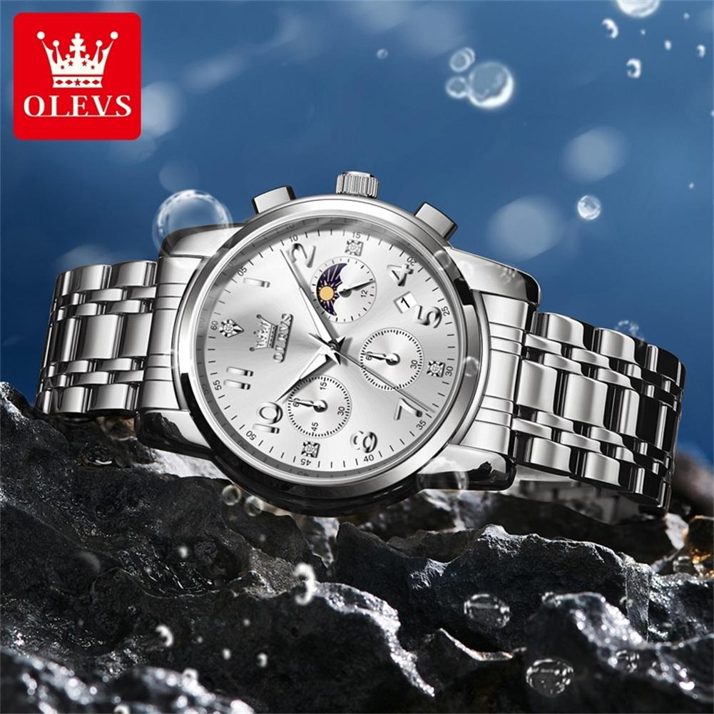 OLEVS Mulitifunction Quartz Watch for Men Original Stainless Steel Waterproof Luminous Chronograph Moon Phase Man Watch