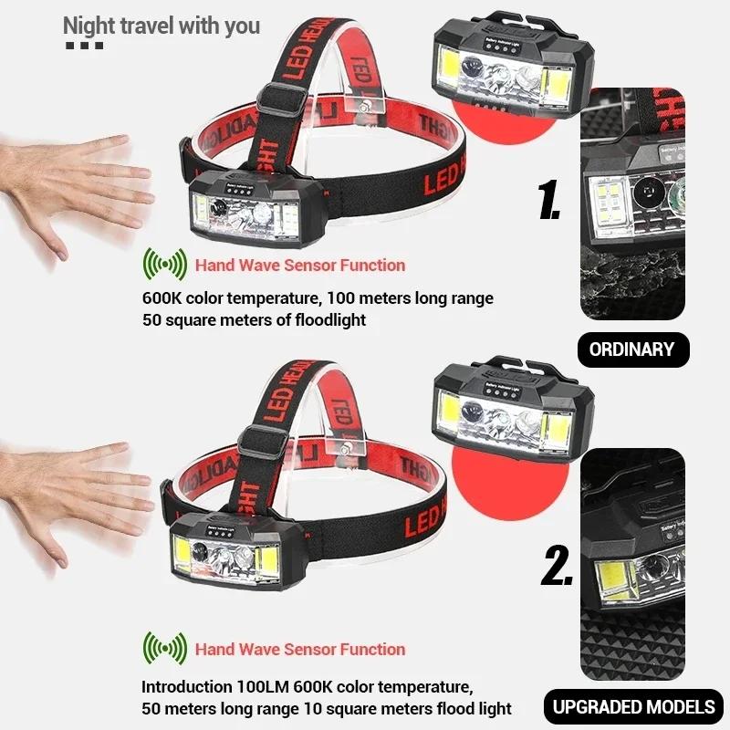 Sensor LED Headlamp Portable Red COB Camping Fishing Headlight USB Rechargeable Hat Helmet Head Flashlight Outdoor 18650 Lantern