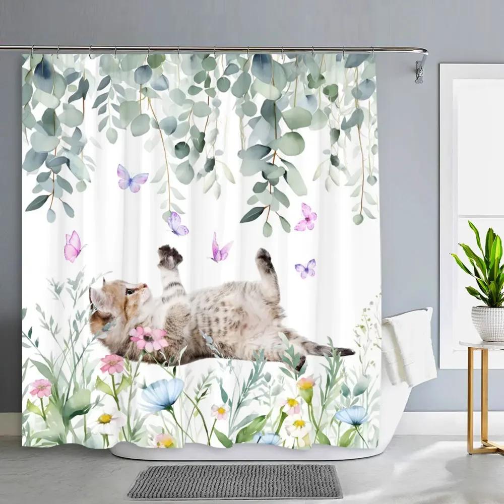 Popular Spring Flower Plant Shower Curtain Pink Cherry Blossom Flowers Butterfly Plant Landscape Bath Curtain Art Bathroom Decor