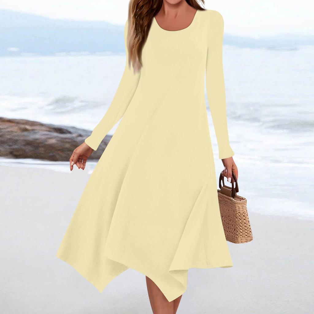 Women's Casual Fashion Round Neck Long Sleeve Solid Color Irregular Hem Midi Dress