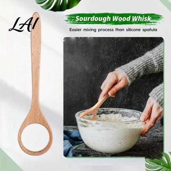 Home Baking Accessory 12 Inch Wooden Danish Dough Whisk Long Handle Sourdough Whisk with Hollow Ring Non Slip Natural Wood Beater Mixer Bread