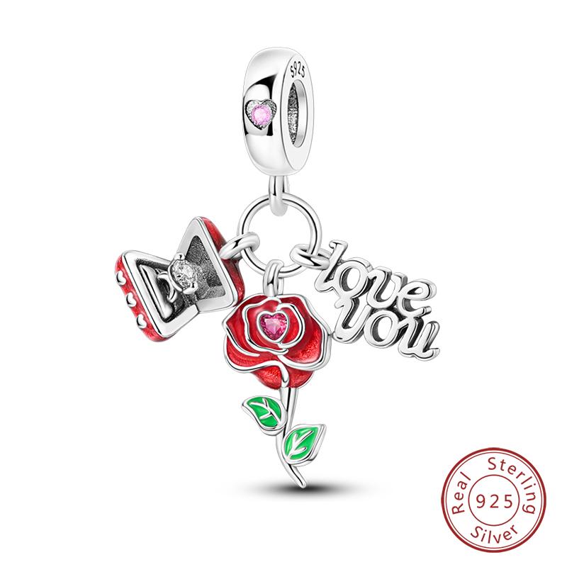 Copper Romantic Couple Rose Valentine'S Day Charms Beads Fit Qikaola Original Bracelets Fine Diy Jewelry Gifts