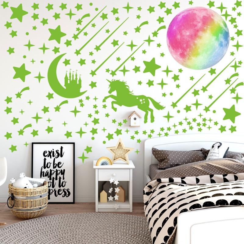 20Cm Rainbow Moon Glowing Unicorn Luminous Star Moon Castle Fluorescent Cartoon Wall Sticker