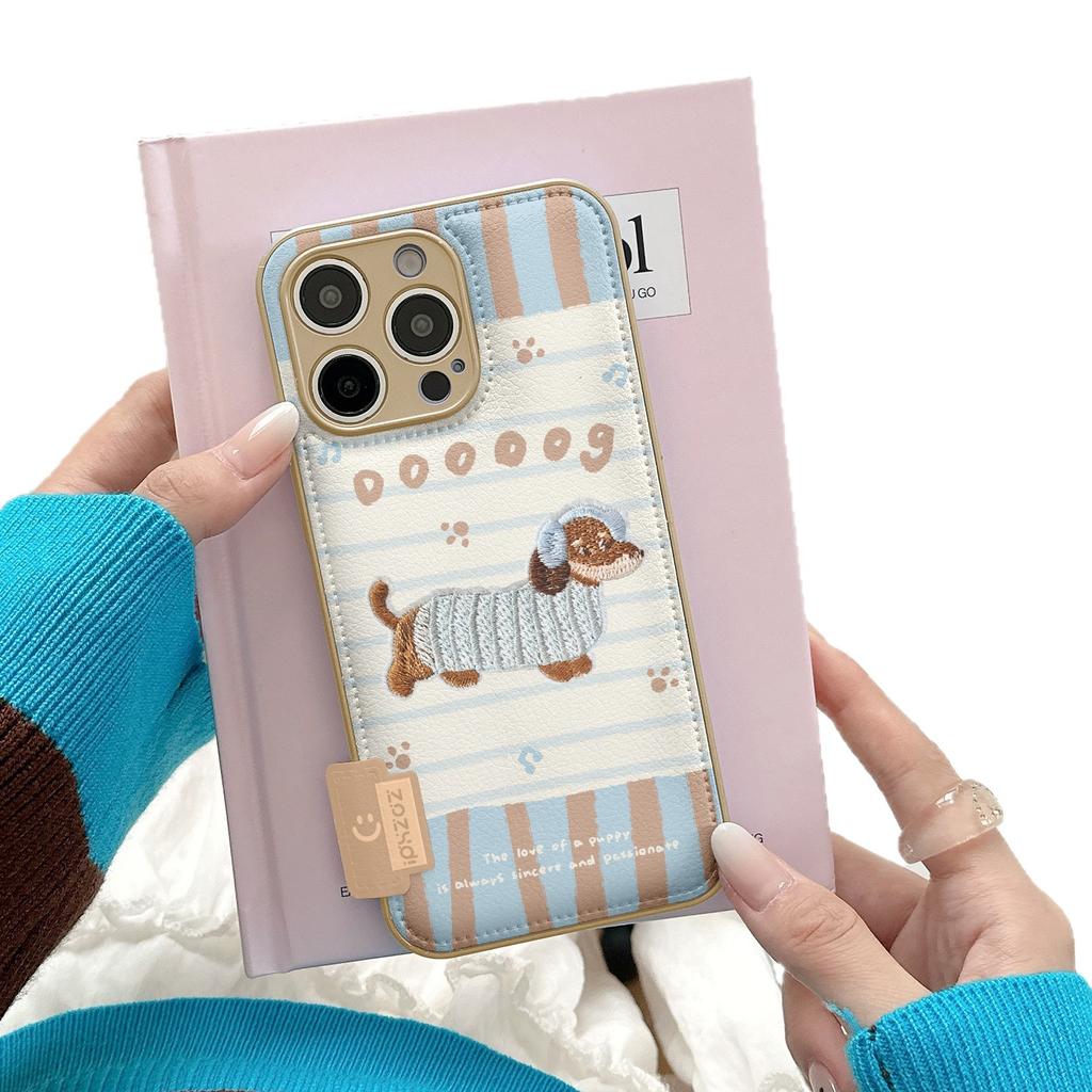 Cartoon Embroidery Puppy Apple 17promax Mobile Phone Case New iPhone16 Women's Autumn and Winter Drum Bag Anti-drop
