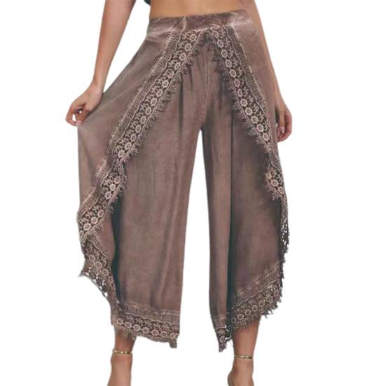High Waist Wide Leg Pants Nine Length Solid Color Women Casual Trousers With Lace Trim Women Clothing