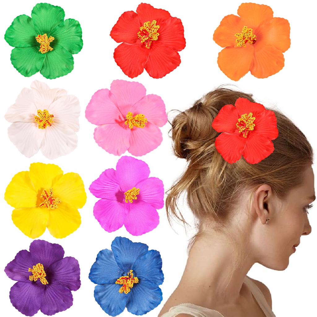 9pcs Hibiscus Rosa-sinensis Flower Hair Clips Simulated Beach Flower Hair Pins Hawaii Vacation Hair Accessories