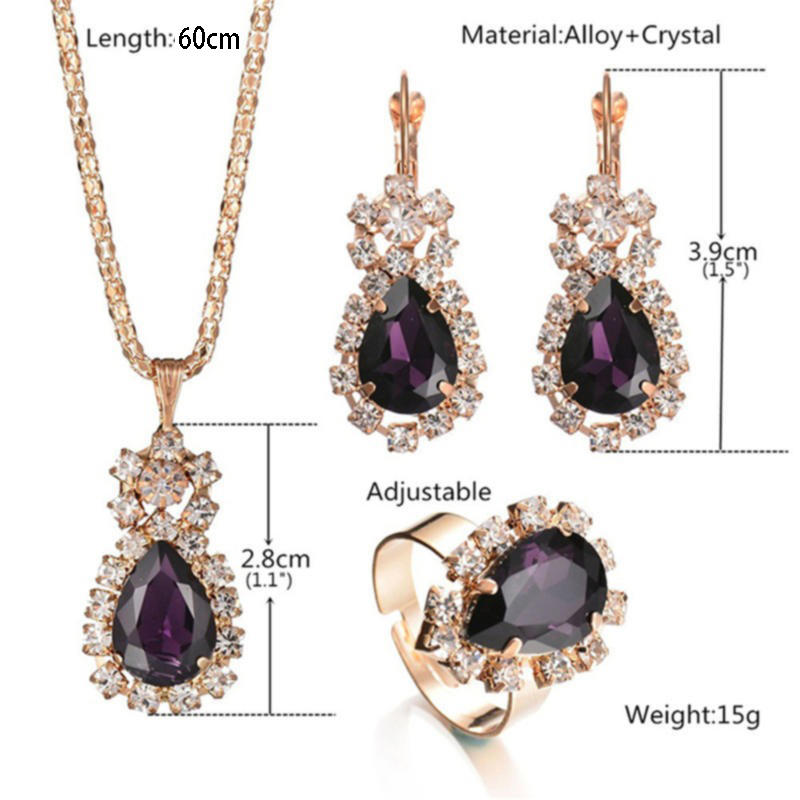 Fashion Women Water Drops Coloured Water Drill Necklace Earrings Ring Set Shining Bride Jewelry