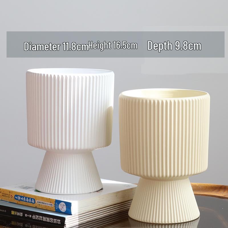 Nordic Ceramic Flower Pot with Tray - High-Footed Vertical Stripes for Indoor/ Balcony, Ideal for Pothos and Orchids.