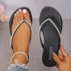 Fashion Summer Women Shoes Beach Pearl Decor Flip Flops Women Fashion Black Flat Clip Toe Slippers Female Non Slip Leather Slides Brand
