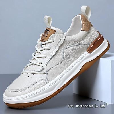 Men's White Soft Leather Breathable Casual Shoes - Lightweight with Soft Sole for Spring/Summer.