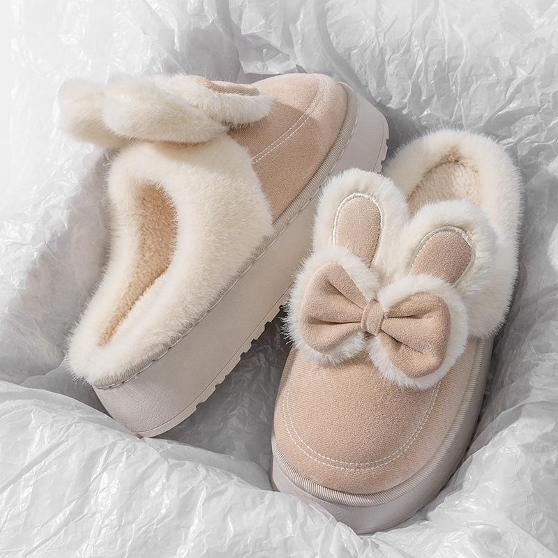 Bow style, thick-bottomed cotton slippers, autumn and winter home indoor velvet, non-slip, warm and comfortable plush cotton mop