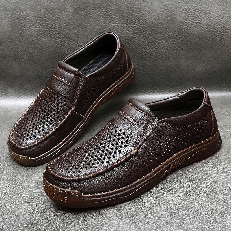 2025 Casual Leather Shoes Men's Soft Leather Large Size Foot Cover Hollowed Out and Breathable Summer Men's Leather Breathable and Comfortable