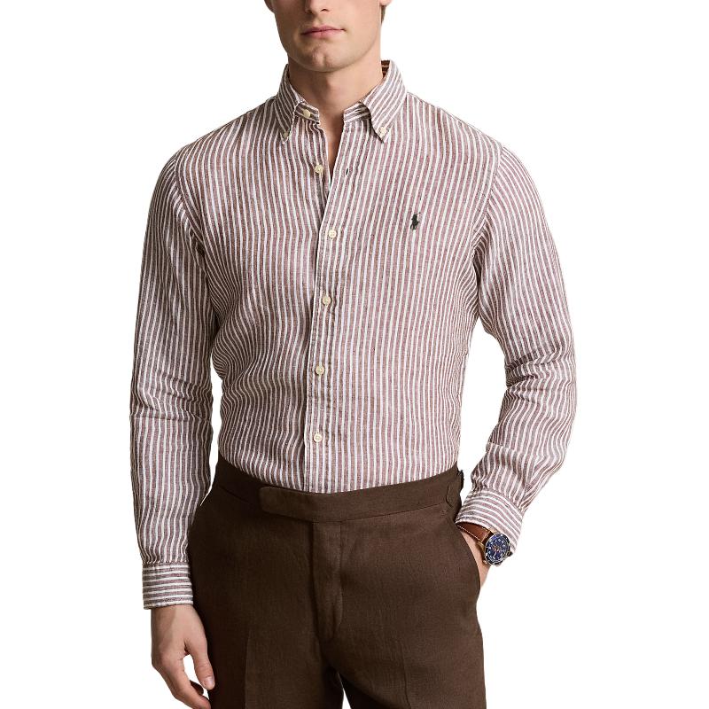 Polo Ralph Lauren Ss24 Striped Loose Fit Pointed Collar Single Breasted Long Sleeve Shirt Men shirts Chocolate MNPOWOV16823636-200