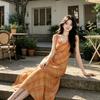 French Temperament Swinging Neck Plaid Dress Summer New Vacation Style Dating Waist Dress Women's Clothing