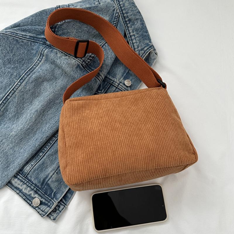Solid Color Corduroy Shoulder Bag All-match Zipper Handbag Versatile Carry On Crossbody Bag